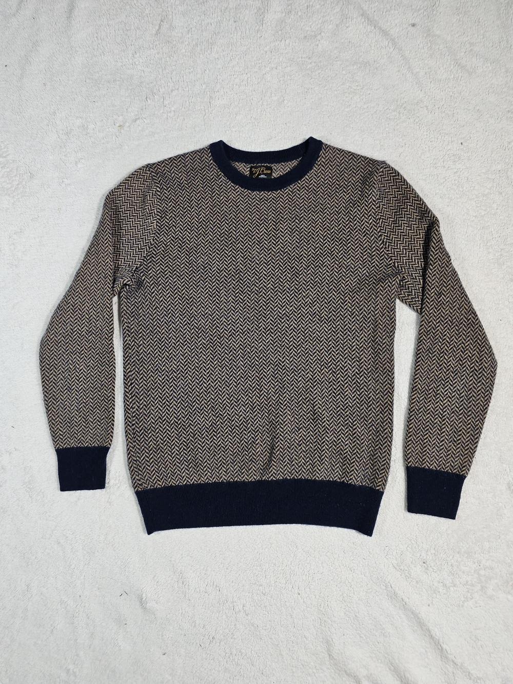 J Crew 100% Cashmere Herringbone Jacquard Crewneck Sweater in Tan & Blue Size S.
